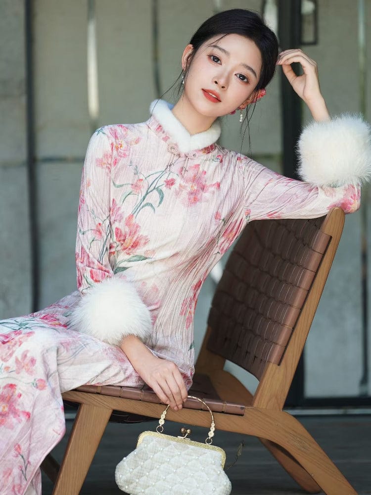 Beth and Brian Qipao-JD Winter collection, floral pattern long Qipao with Fur-Trimmed Sleeves