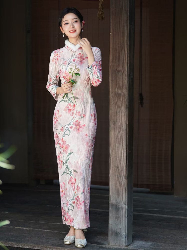 Beth and Brian Qipao-JD Winter collection, floral pattern long Qipao with Fur-Trimmed Sleeves
