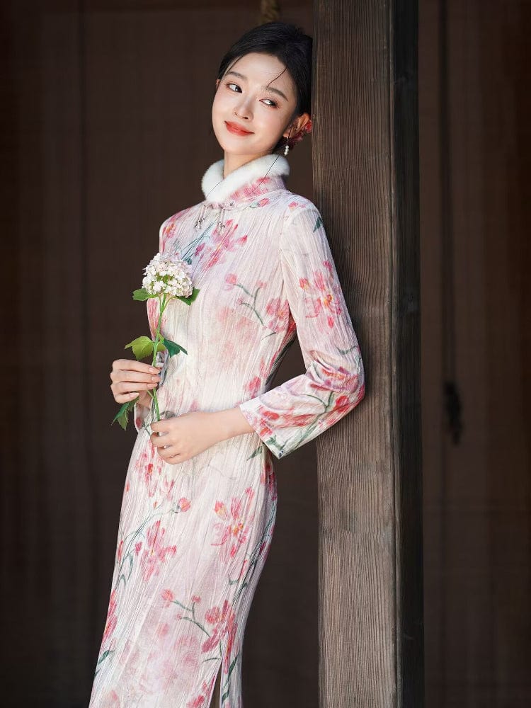 Beth and Brian Qipao-JD Winter collection, floral pattern long Qipao with Fur-Trimmed Sleeves