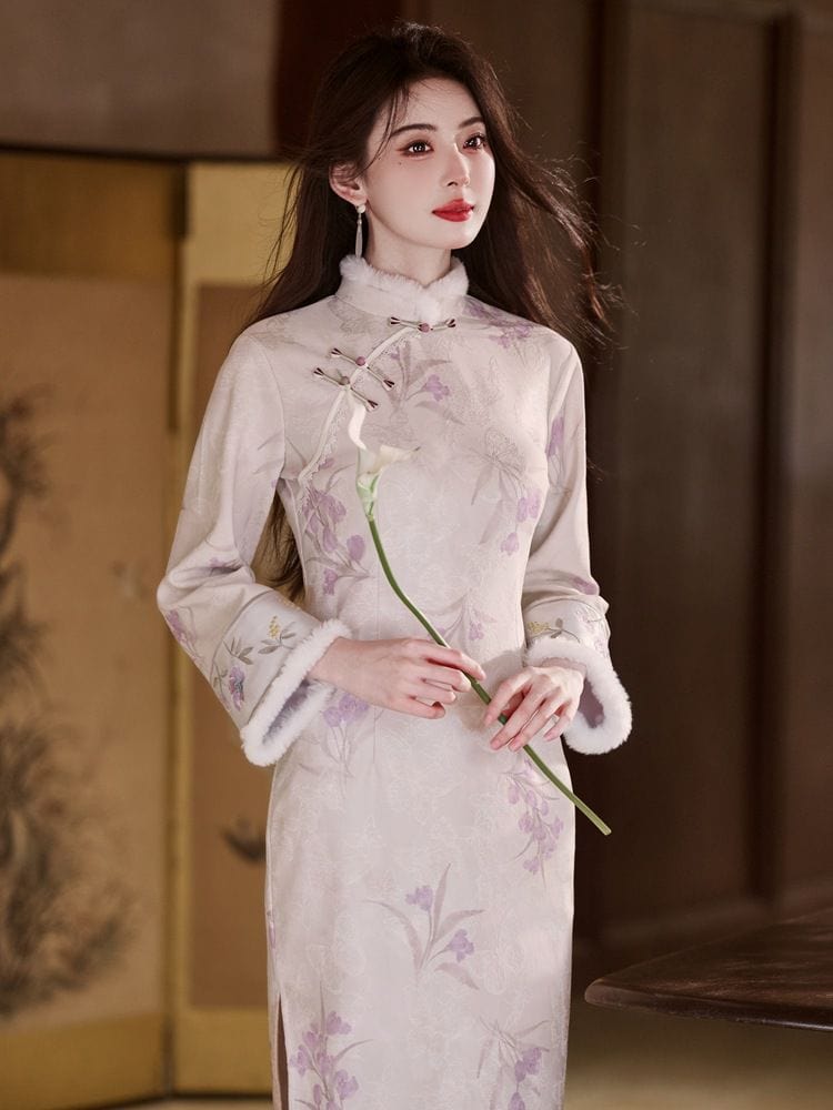 Beth and Brian Qipao-YG Winter collection, floral pattern, jacquard and knitting fabric, midi Cheongsam