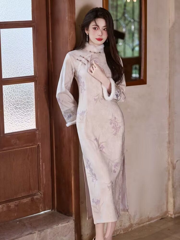 Beth and Brian Qipao-YG Winter collection, floral pattern, jacquard and knitting fabric, midi Cheongsam