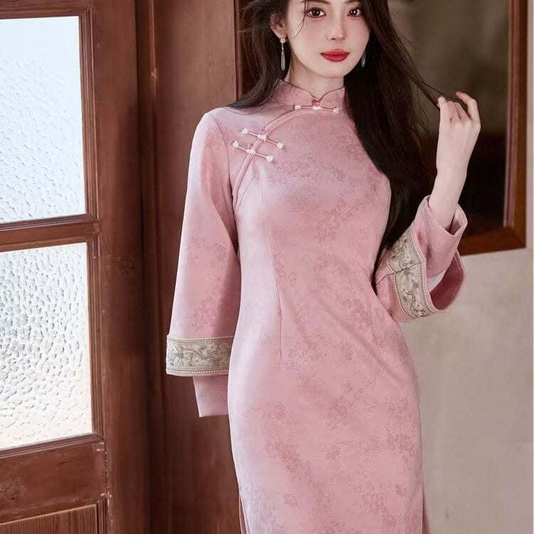 Beth and Brian Qipao-YG Winter collection, floral pattern, suede fabric, pink&blue midi Cheongsam