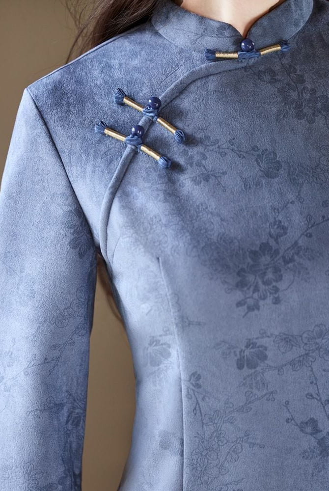 Beth and Brian Qipao-YG Winter collection, floral pattern, suede fabric, pink&blue midi Cheongsam