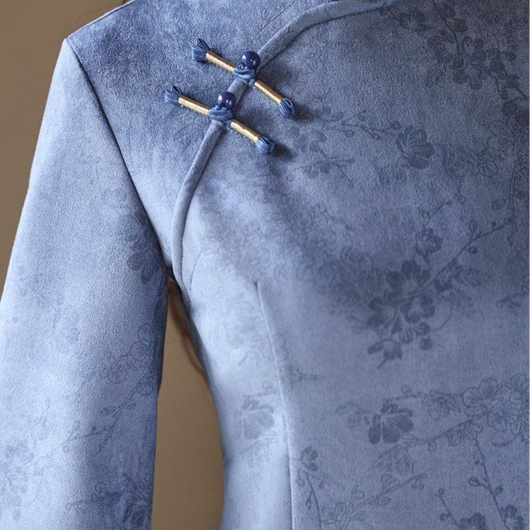 Beth and Brian Qipao-YG Winter collection, floral pattern, suede fabric, pink&blue midi Cheongsam