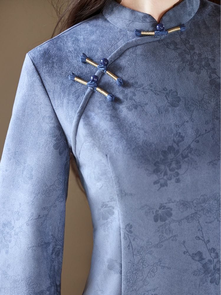 Beth and Brian Qipao-YG Winter collection, floral pattern, suede fabric, pink&blue midi Cheongsam