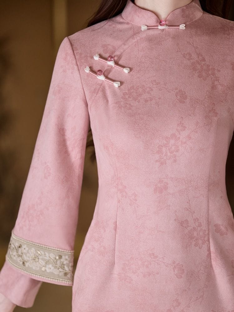 Beth and Brian Qipao-YG Winter collection, floral pattern, suede fabric, pink&blue midi Cheongsam