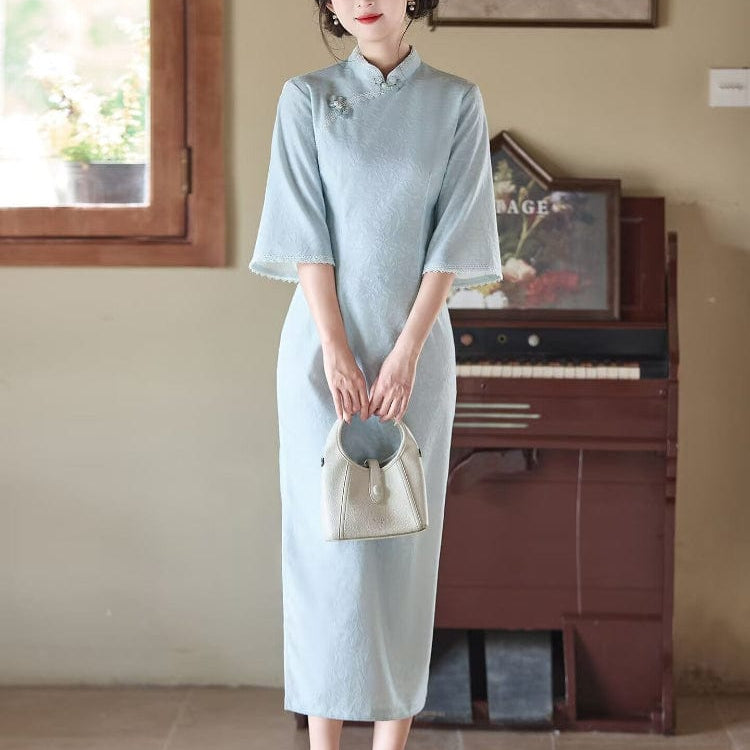 Beth and Brian Qipao-LSB Leaf pattern, jacquard and knitting fabric, daily midi Cheongsam