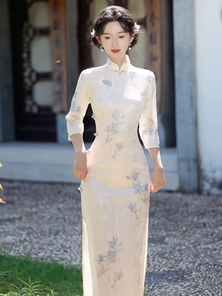 Beth and Brian Qipao-LSB Floral pattern, beige midi Cheongsam with three quarter sleeves