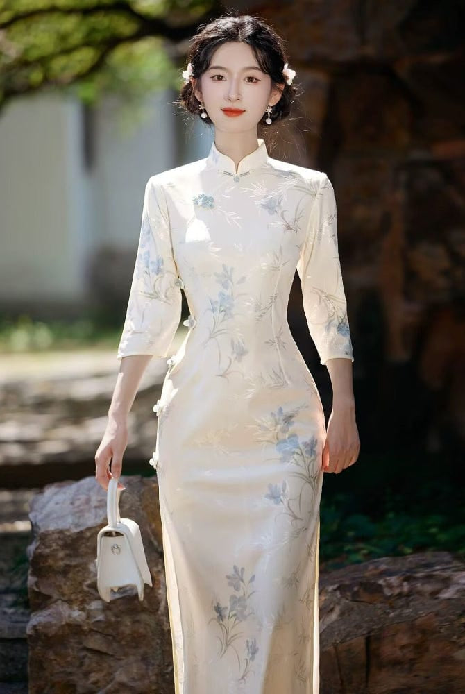 Beth and Brian Qipao-LSB Floral pattern, beige midi Cheongsam with three quarter sleeves