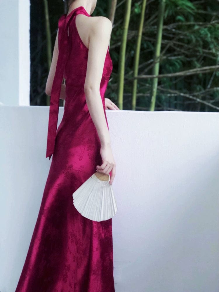 Beth and Brian Qipao-JL Sleeveless, halter wedding purple-red long Cheongsam