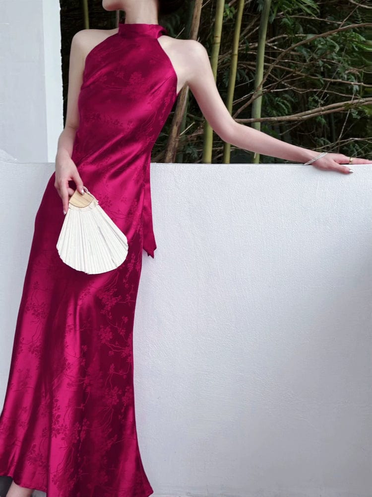 Beth and Brian Qipao-JL Sleeveless, halter wedding purple-red long Cheongsam