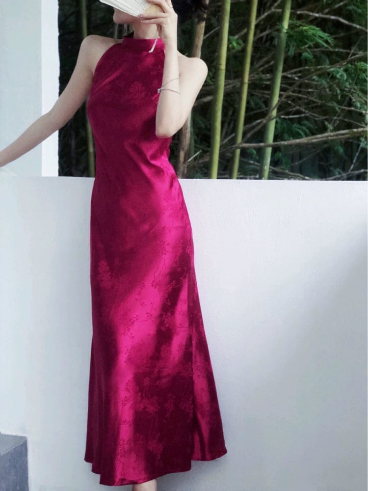 Beth and Brian Qipao-JL Sleeveless, halter wedding purple-red long Cheongsam