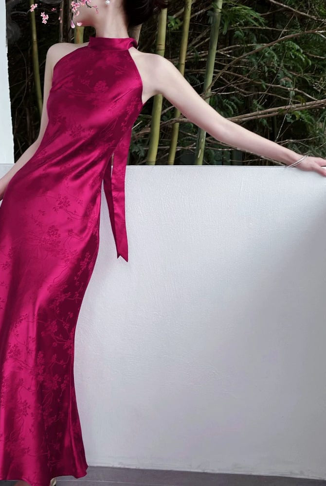 Beth and Brian Qipao-JL Sleeveless, halter wedding purple-red long Cheongsam