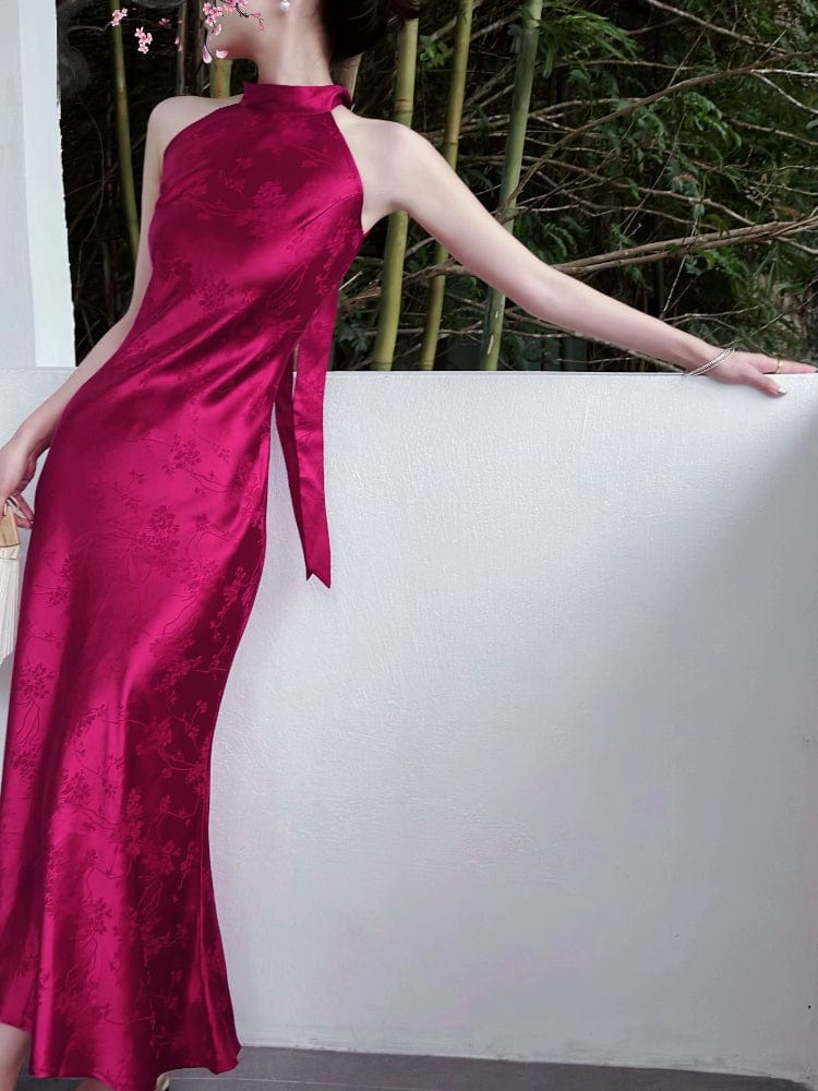 Beth and Brian Qipao-JL Sleeveless, halter wedding purple-red long Cheongsam