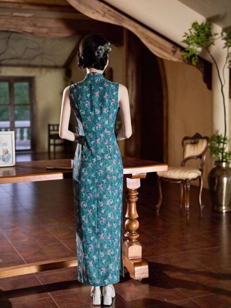 Beth and Brian Qipao-JLM Butterfly pattern, blue midi Cheongsam