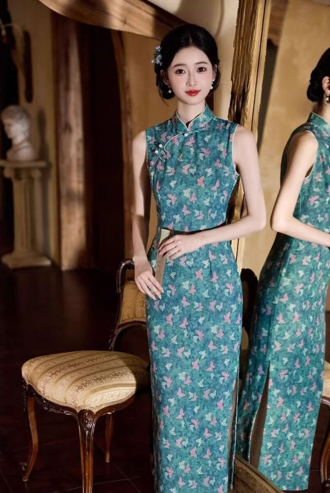 Beth and Brian Qipao-JLM Butterfly pattern, blue midi Cheongsam