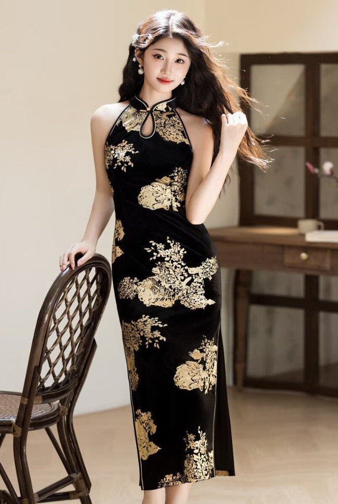 Beth and Brian Qipao-YS Gold and black halter midi Cheongsam