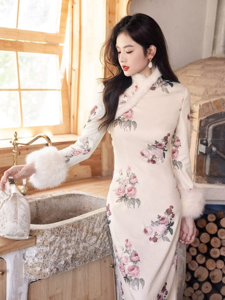 Beth and Brian Qipao-YS Winter collection, ramie fabric, floral long Cheongsam with Fur-Trimmed (removable) Sleeves