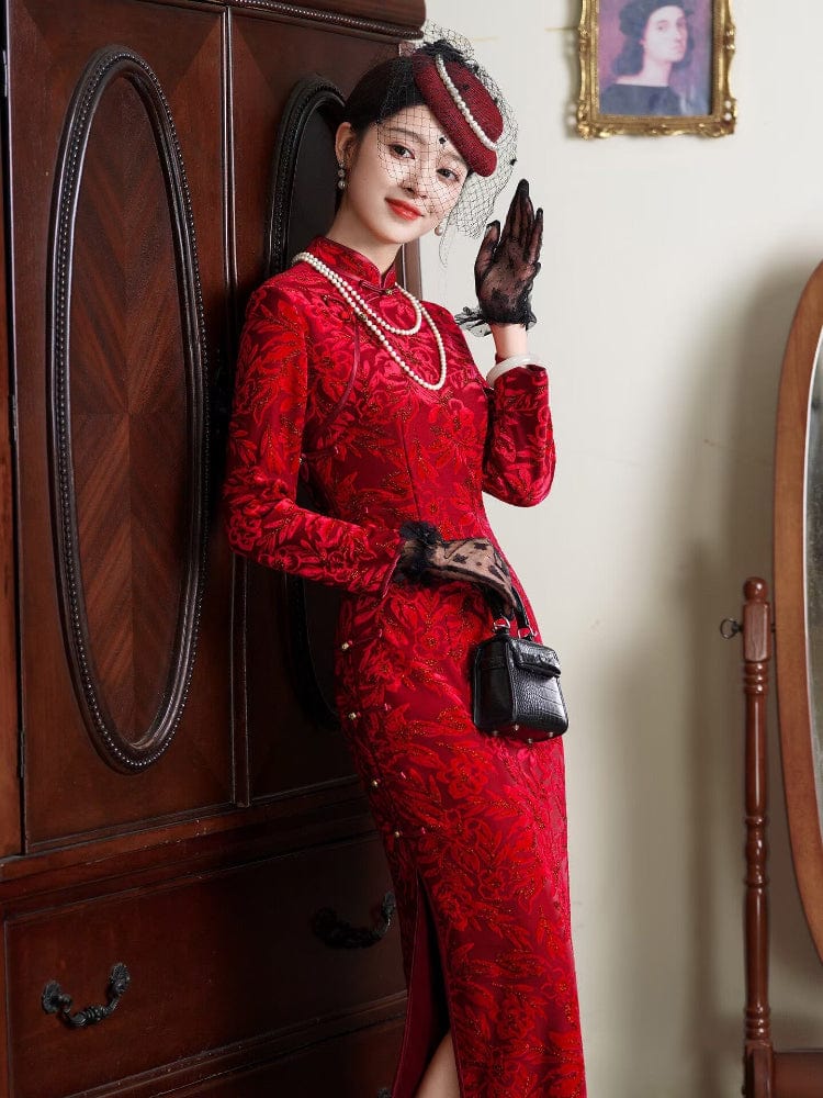 Beth and Brian Qipao-JD Floral pattern, Flocking fabric, red long Cheongsam