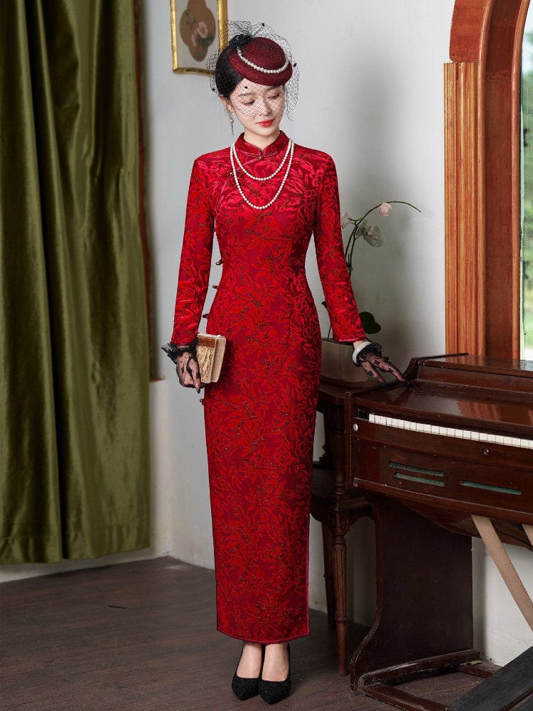 Beth and Brian Qipao-JD Floral pattern, Flocking fabric, red long Cheongsam