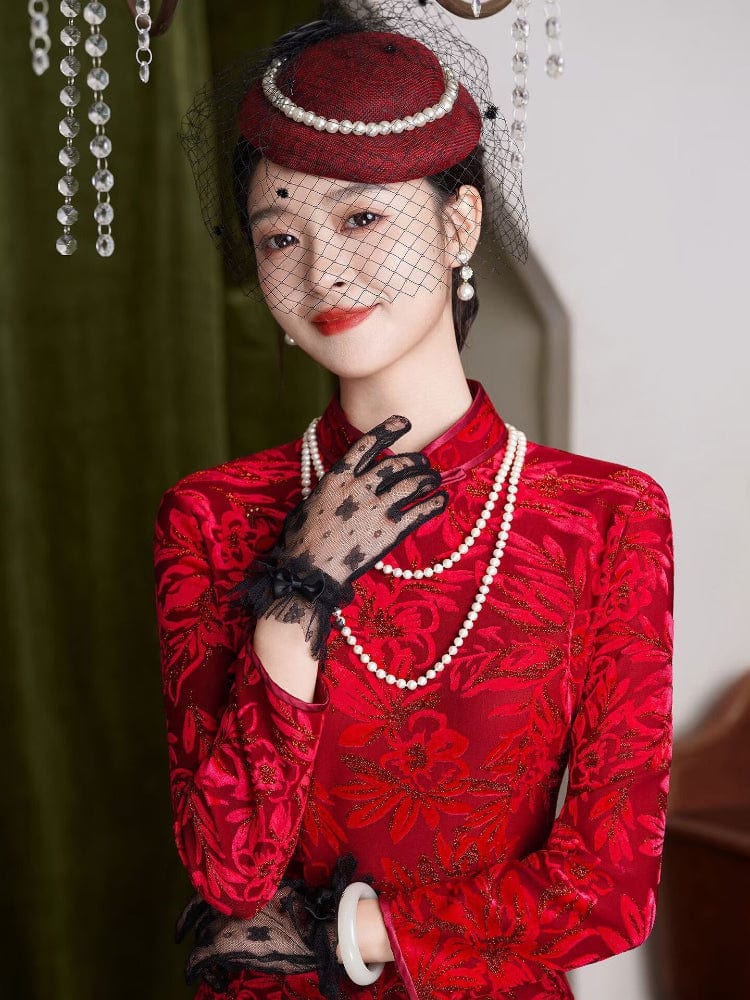 Beth and Brian Qipao-JD Floral pattern, Flocking fabric, red long Cheongsam
