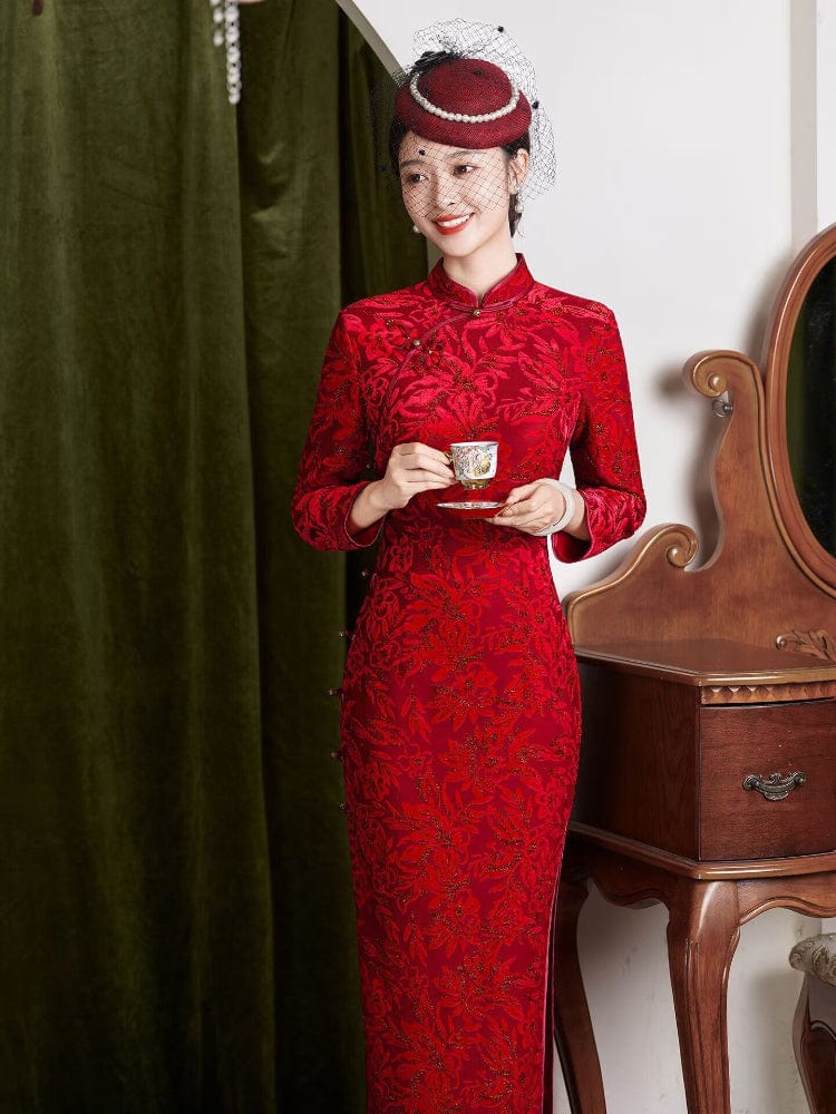 Beth and Brian Qipao-JD Floral pattern, Flocking fabric, red long Cheongsam