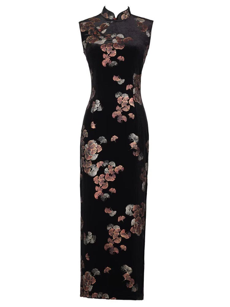 Beth and Brian Qipao-YS Sleeveless, Ginkgo Leaf Pattern, black long Cheongsam