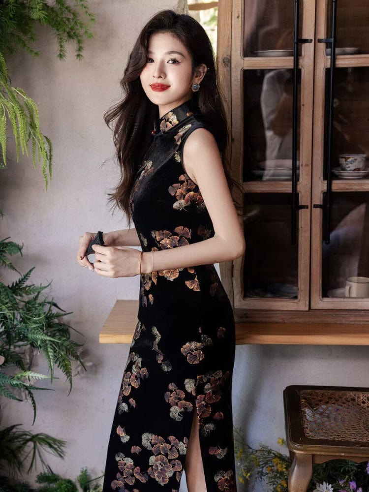 Beth and Brian Qipao-YS Sleeveless, Ginkgo Leaf Pattern, black long Cheongsam