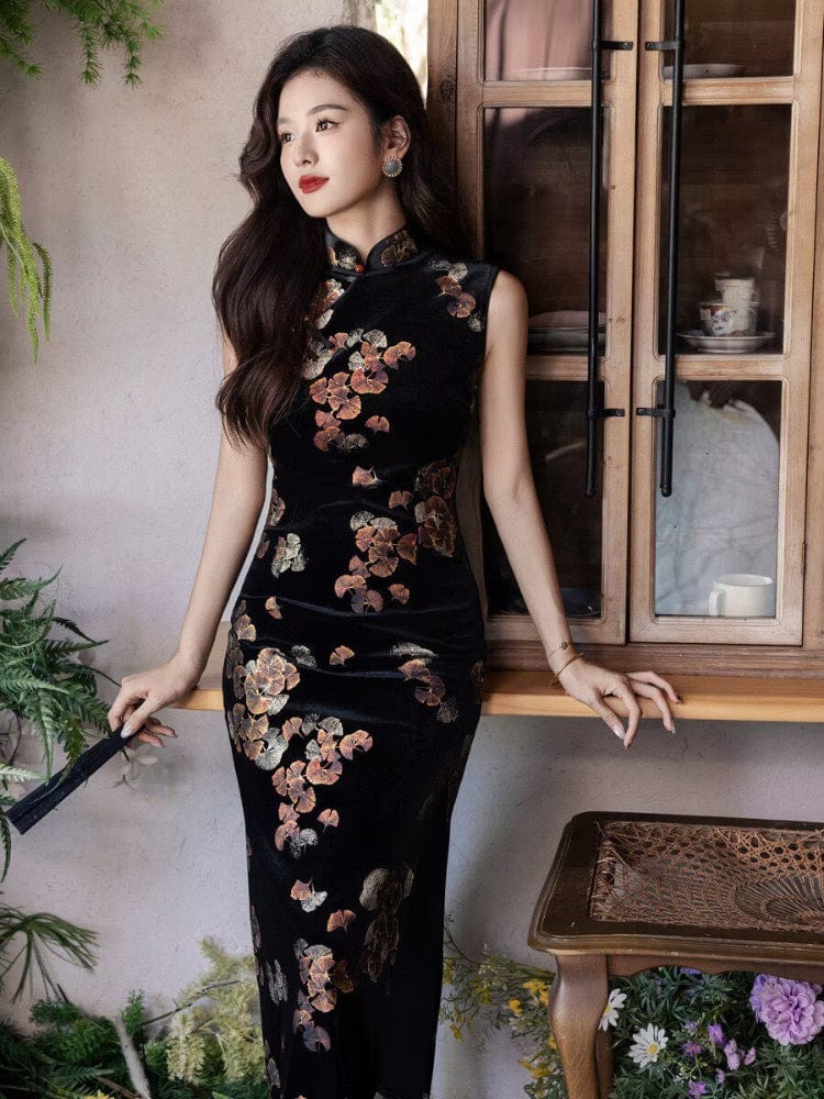Beth and Brian Qipao-YS Sleeveless, Ginkgo Leaf Pattern, black long Cheongsam