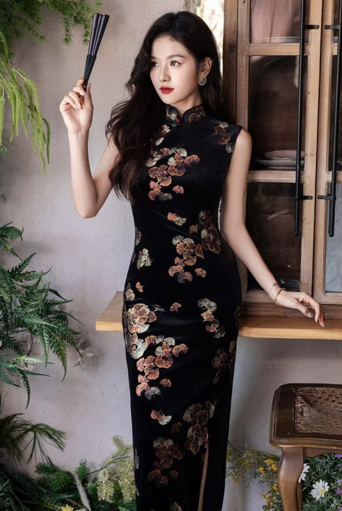 Beth and Brian Qipao-YS Sleeveless, Ginkgo Leaf Pattern, black long Cheongsam