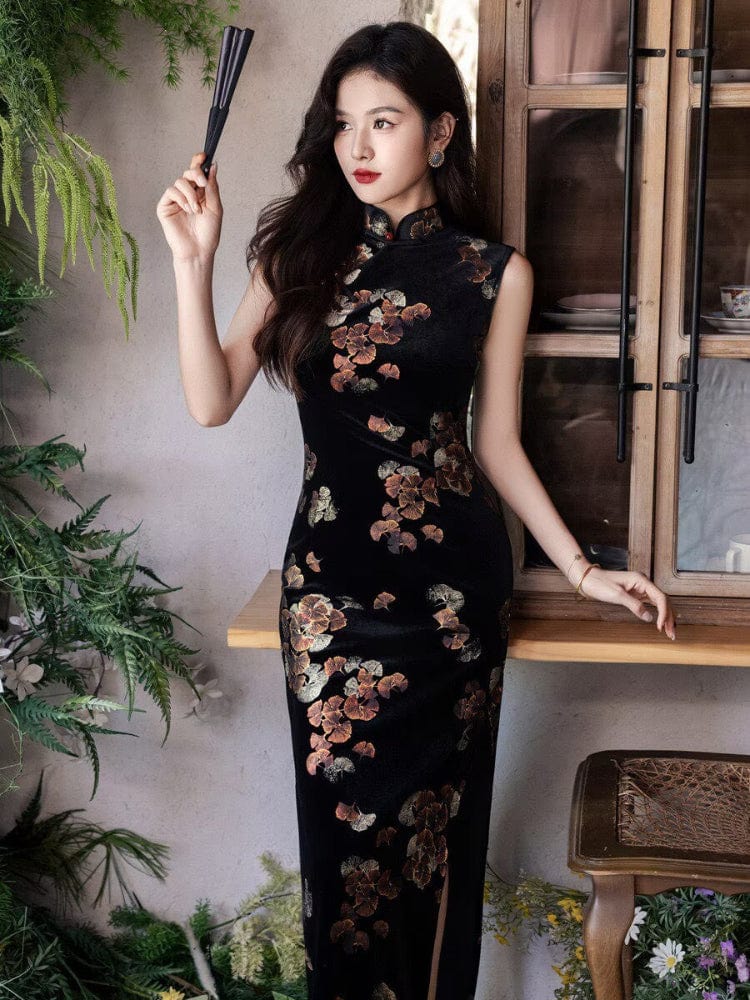 Beth and Brian Qipao-YS Sleeveless, Ginkgo Leaf Pattern, black long Cheongsam