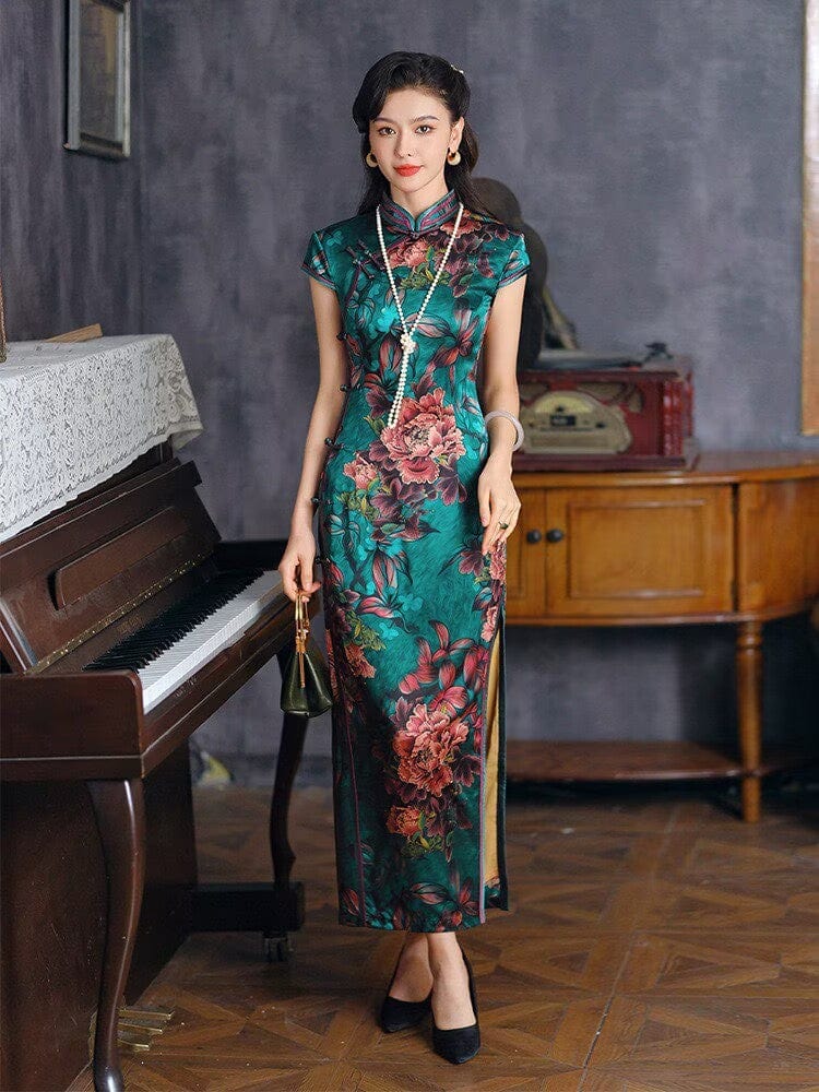 Beth and Brian Qipao-JD Old Shanghai style, 19 mome mulberry silk, high-end green long Cheongsam