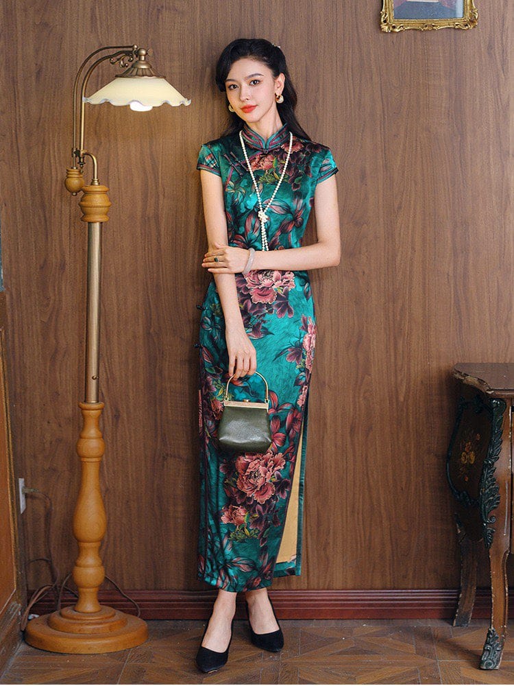 Beth and Brian Qipao-JD Old Shanghai style, 19 mome mulberry silk, high-end green long Cheongsam