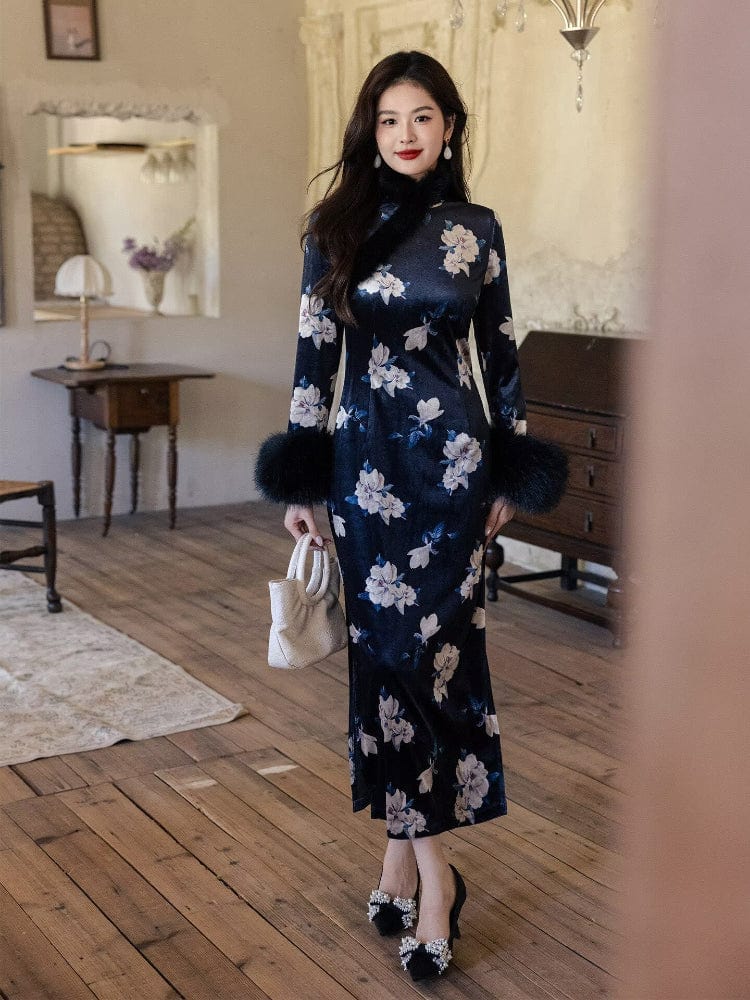 Beth and Brian Qipao-JD Winter collection, floral pattern, black long Qipao with Fur-Trimmed (removable) Sleeves