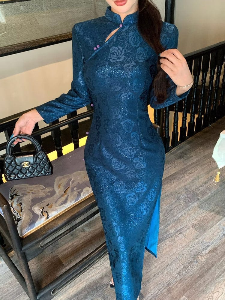 Beth and Brian Qipao-LSB Old Shanghai style, rose pattern, blue long Cheongsam