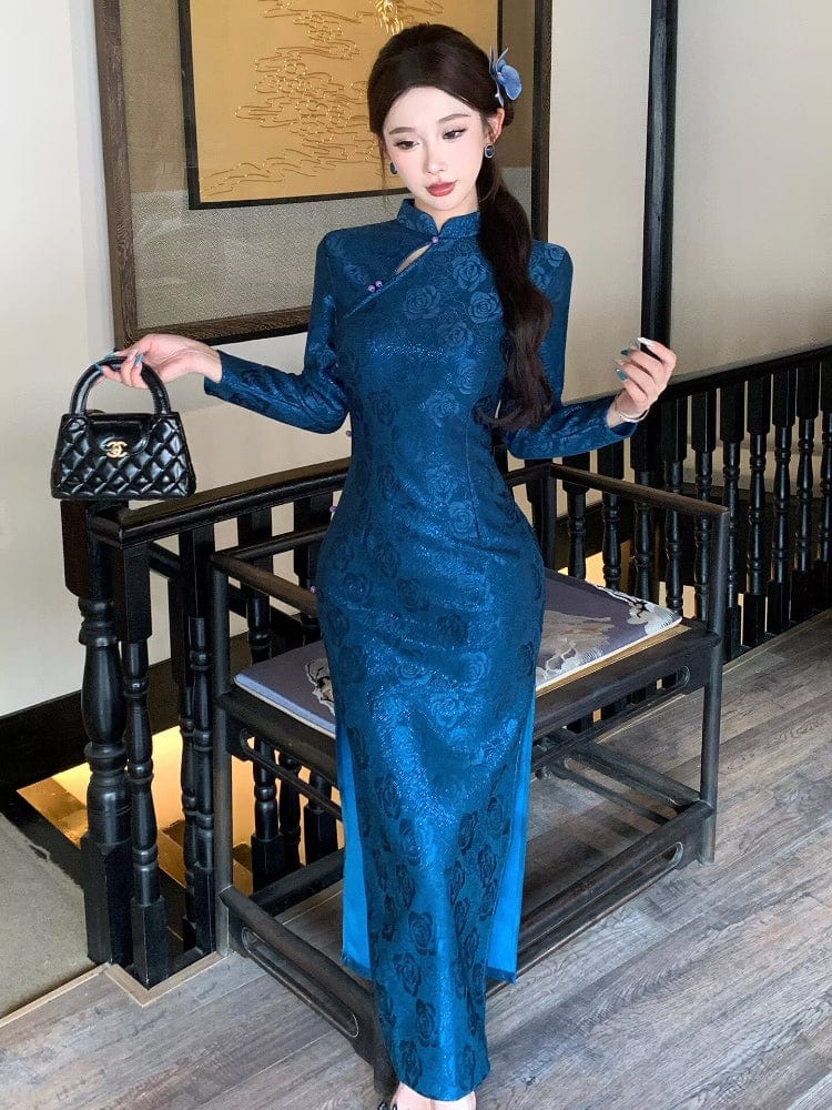 Beth and Brian Qipao-LSB Old Shanghai style, rose pattern, blue long Cheongsam