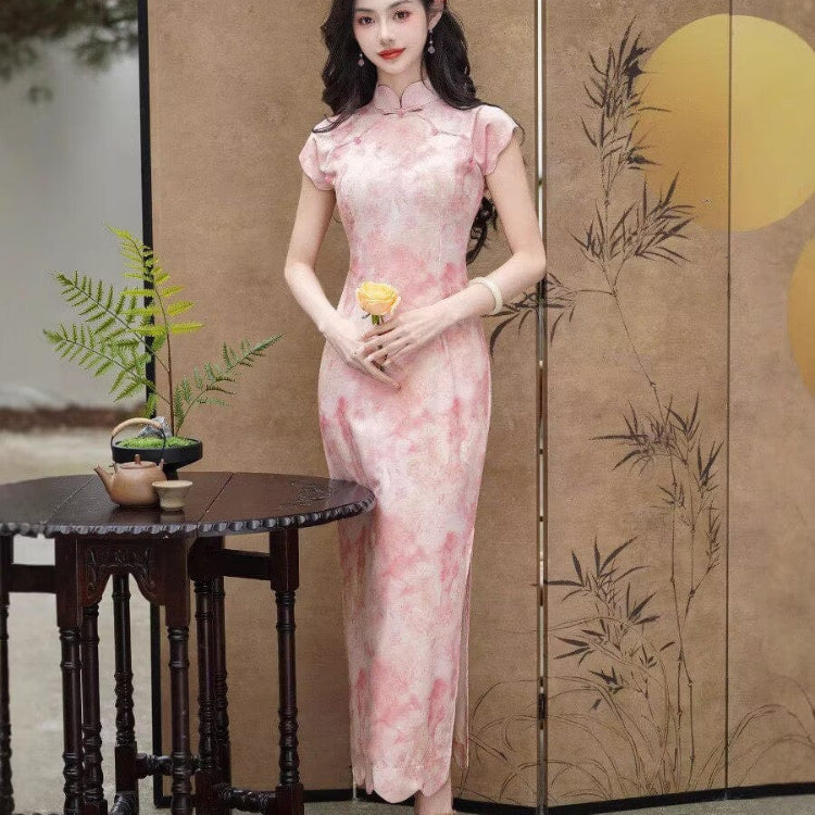 Beth and Brian Qipao-JQZ Floral pattern, cotton pink&light blue long Cheongsam with raglan-sleeve