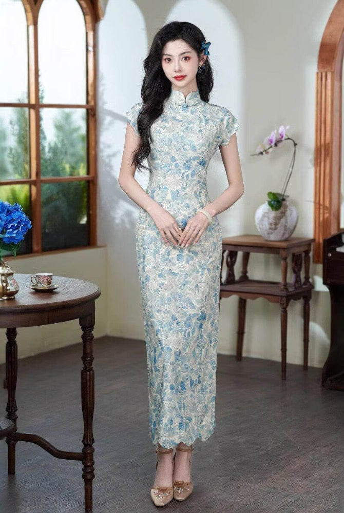 Beth and Brian Qipao-JQZ Floral pattern, cotton pink&light blue long Cheongsam with raglan-sleeve