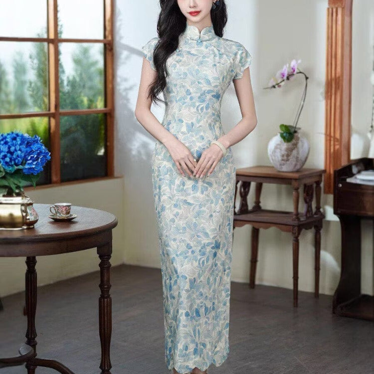 Beth and Brian Qipao-JQZ Floral pattern, cotton pink&light blue long Cheongsam with raglan-sleeve