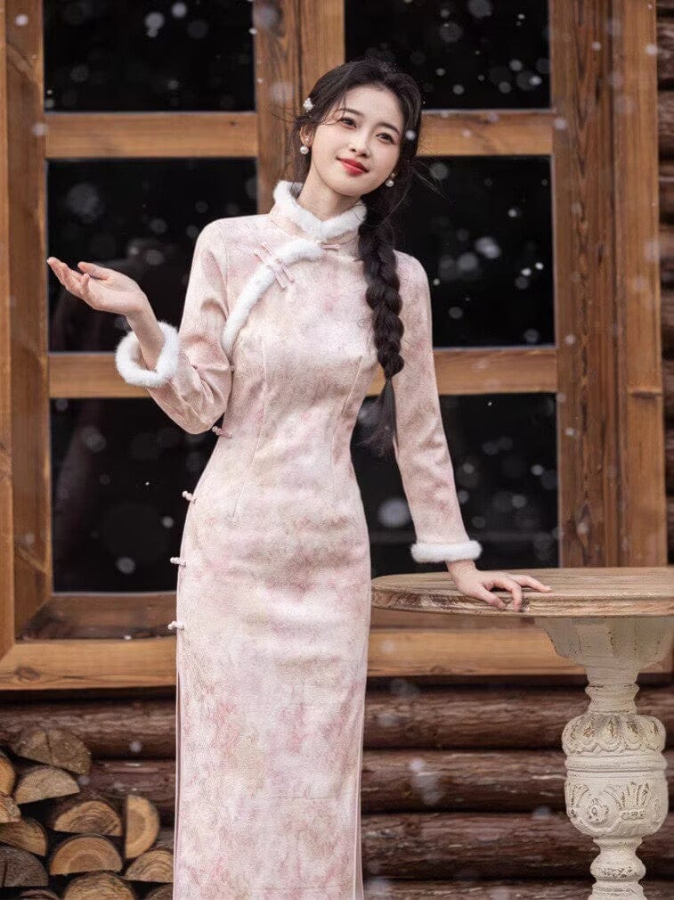 Beth and Brian Qipao-JH Winter collection, floral pattern, daily pink midi Cheongsam