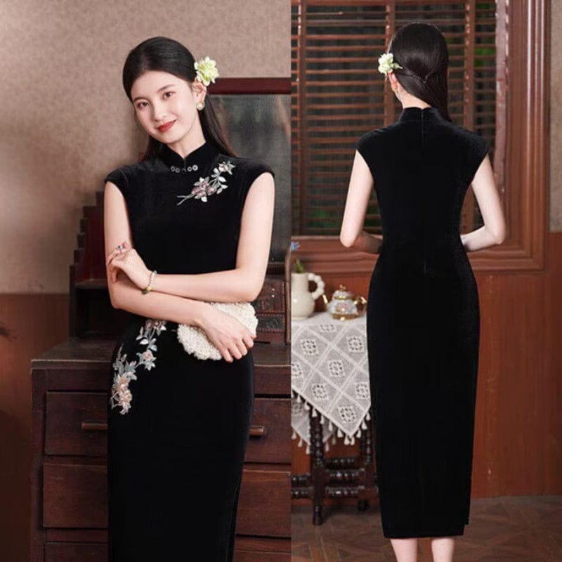 Beth and Brian Qipao-SYK Floral pattern, velvet black midi Cheongsam