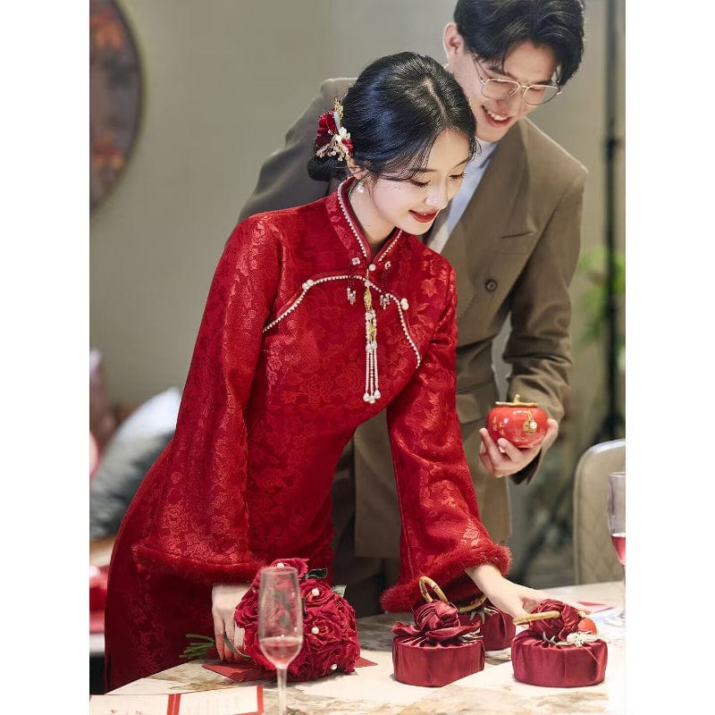 Beth and Brian Qipao-LSB Winter collection, wedding midi Qipao with Fur-Trimmed Sleeves