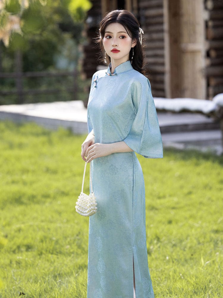 Beth and Brian Qipao-LSB Floral pattern, jacquard fabric, midi Cheongsam with three quarter sleeves