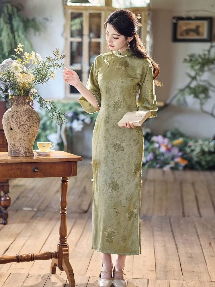 Beth and Brian Qipao-LSB Old Shanghai style, floral pattern, green midi Cheongsam