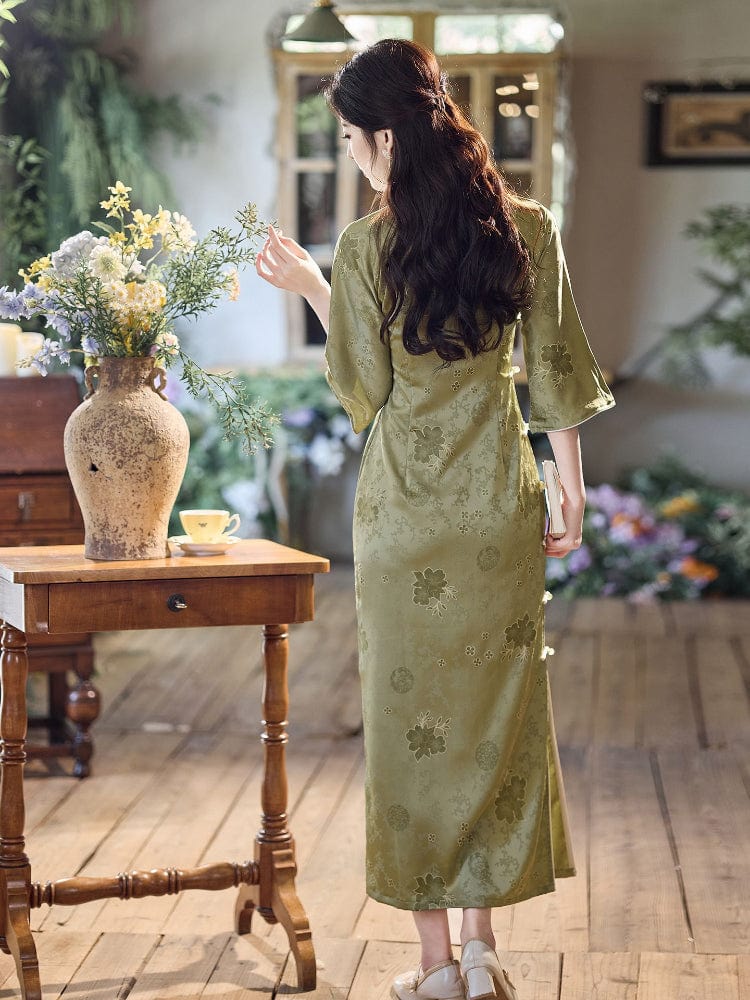 Beth and Brian Qipao-LSB Old Shanghai style, floral pattern, green midi Cheongsam