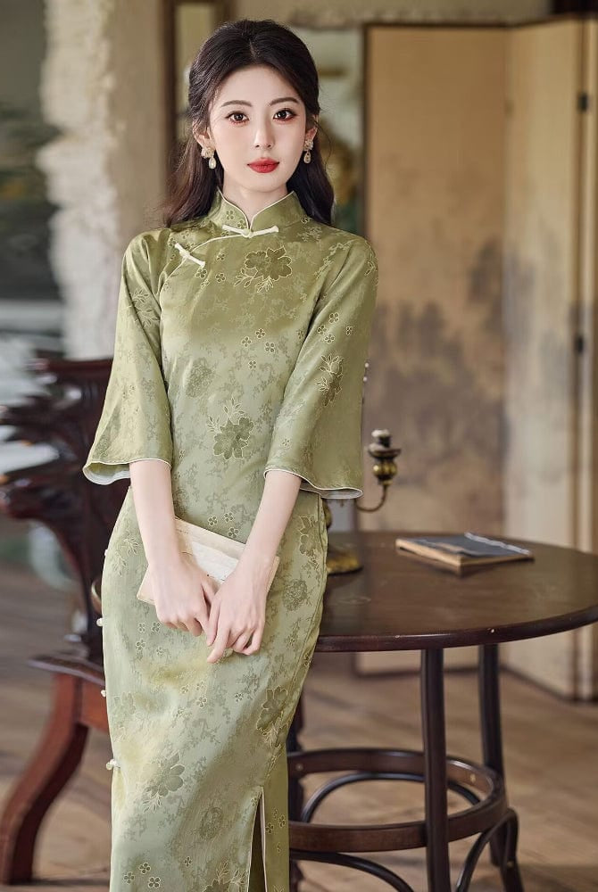 Beth and Brian Qipao-LSB Old Shanghai style, floral pattern, green midi Cheongsam
