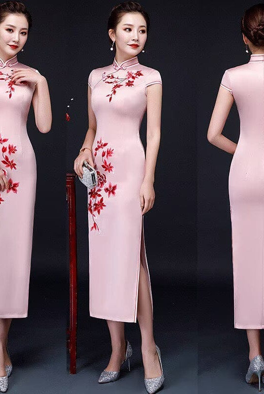 Beth and Brian Qipao-MLS Floral print, pink&green silk long Cheongsam with cap sleeves