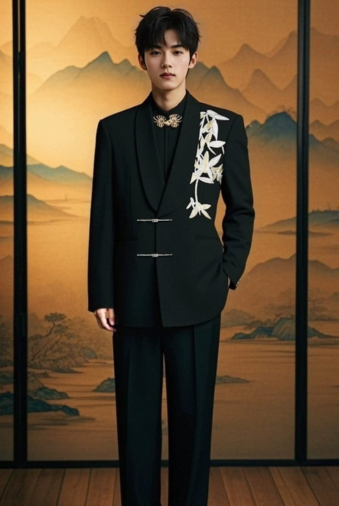 Beth and Brian Qipao-LM Gold bamboo leaf pattern, Men's Chinese Tang Suit Jacket, Chinese style Tang suit Jacket