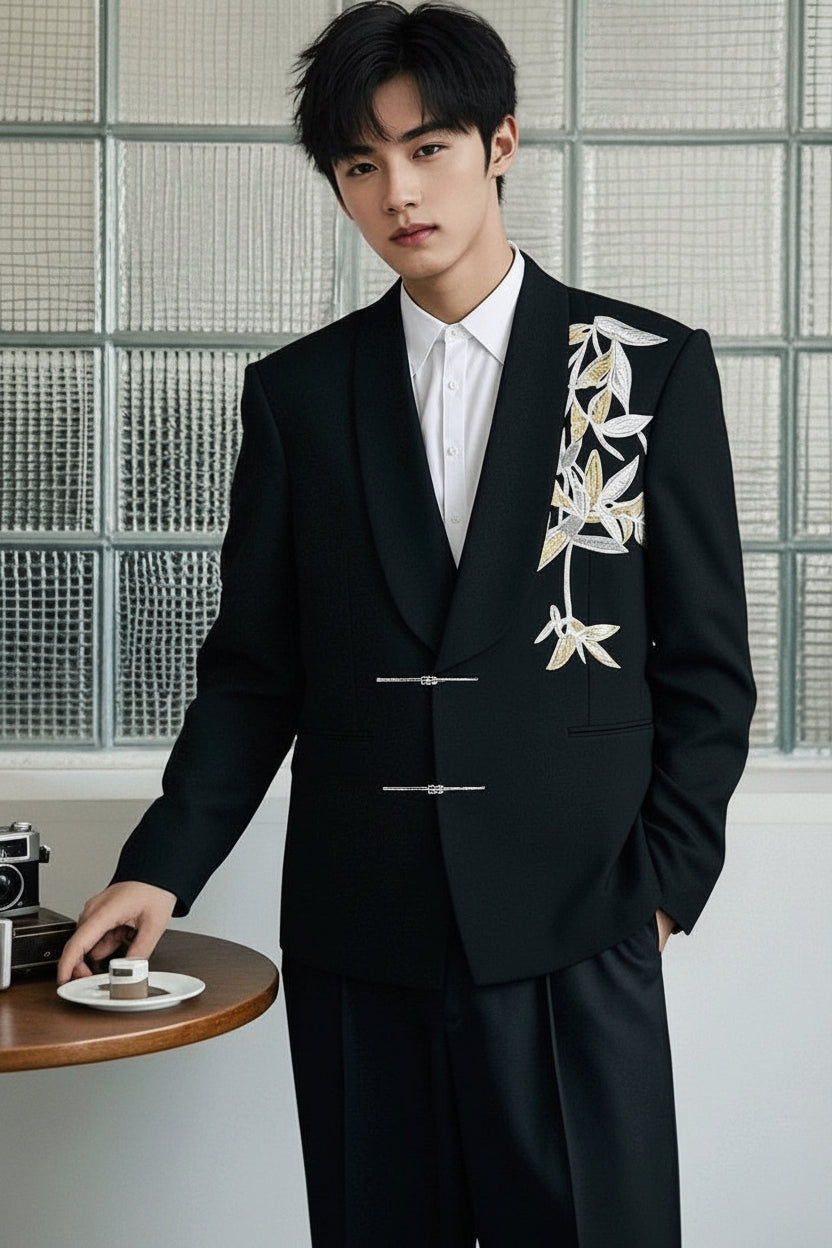 Beth and Brian Qipao-LM Gold bamboo leaf pattern, Men's Chinese Tang Suit Jacket, Chinese style Tang suit Jacket