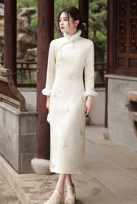 Beth and Brian Qipao-SMQ Winter collection, butterfly pattern long Qipao with Fur-Trimmed Sleeves